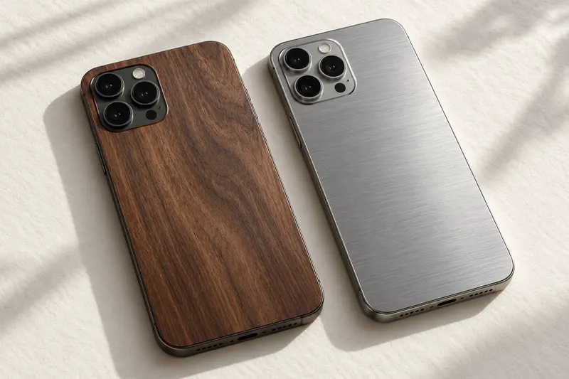 Két márkajelzés nélküli telefon fa és szálcsiszolt fém hatású skinnel